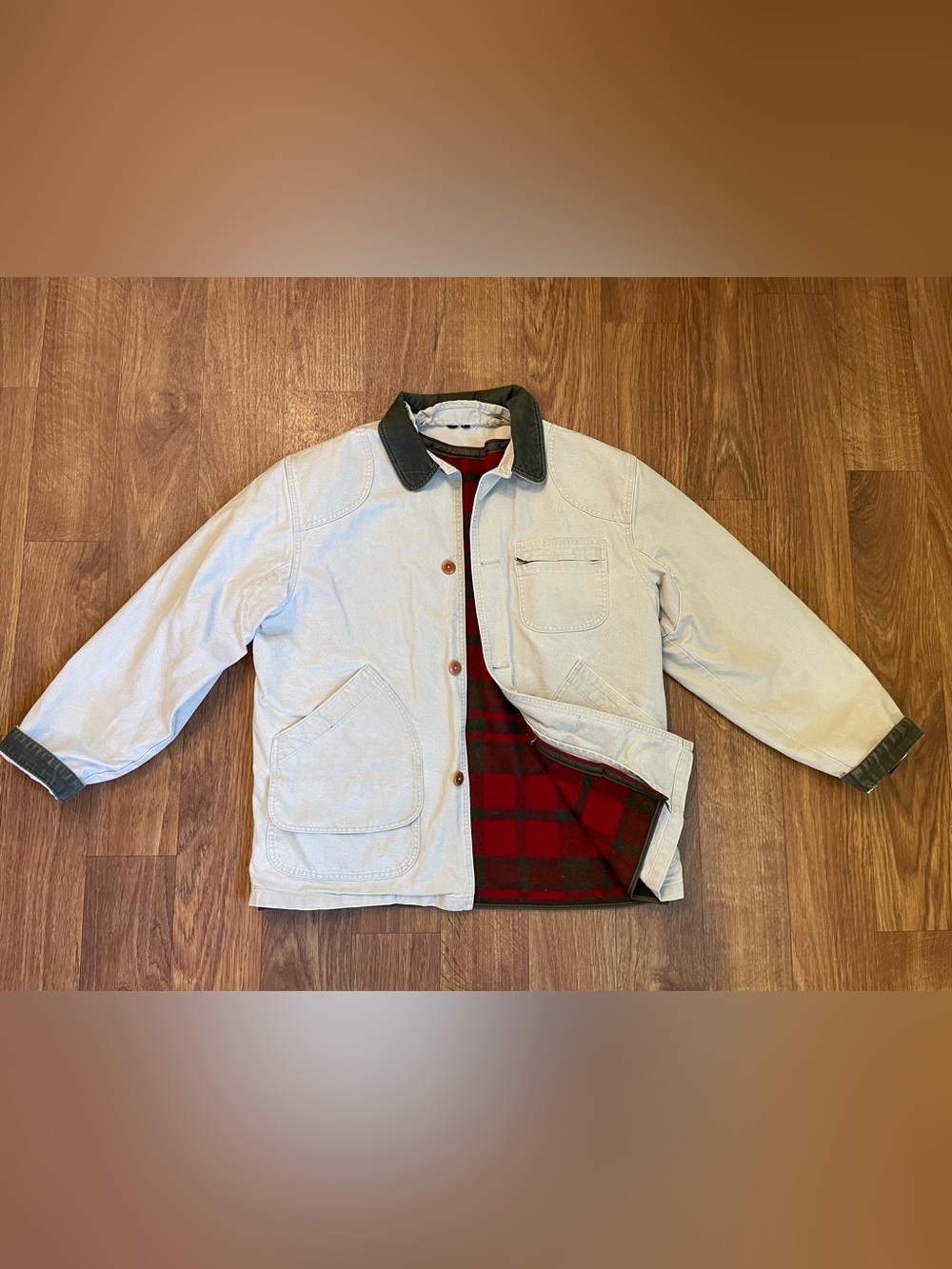 Vintage L.L. Bean Barn Coat Canvas Chore Wool Jacket Plaid Lined USA Men Large